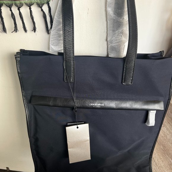 Giorgio Armani Men's Midnight Blue Nylon Shopping Bag with Black Leather Trim - Picture 1 of 4